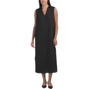 LONDON TIMES Linen Blend Collared Popover Sleeveless Tunic Maxi Dress